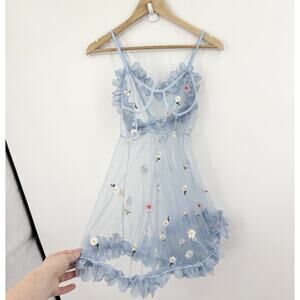 Fairy Babydoll Mesh Slip Dress Women Medium Sheer Pastel Cottage Embroidered Y2K